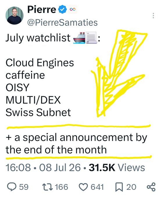 A tweet by Pierre (@PierreSamaties) titled "July watchlist" lists projects including Cloud Engines, caffeine, OISY, MULTI/DEX, and Swiss Subnet, with a hand-drawn yellow arrow pointing down to a teaser of "+ a special announcement by the end of the month," posted on July 8, 2026 with 31.5K views. The accompanying note suggests that Dfinity, the foundation behind the Internet Computer ecosystem (where projects like Caffeine and OISY are built), is being criticized for "underdelivering" and lying about progress, framing the watchlist as a pointed jab at missed promises rather than genuine excitement.