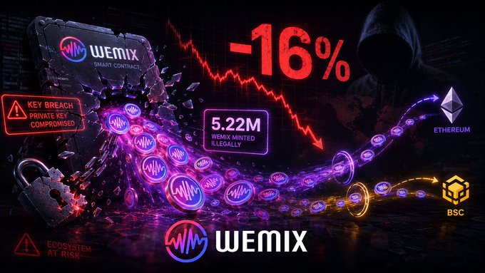 A dramatic graphic about the Wemix cryptocurrency featuring a hooded figure, a red downward trendline with '-16%', warning labels for 'KEY BREACH PRIVATE KEY COMPROMISED' and '5.22M WEMIX MINTED ILLEGALLY', and flow charts moving toward Ethereum and BSC networks.