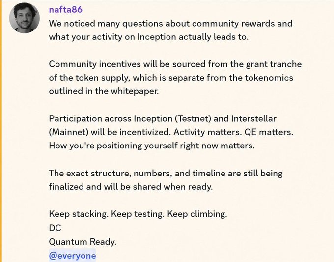 This image explains that @dac_chain community incentives will come from grant token supply, separate from the whitepaper tokenomics, and that participation in Inception (Testnet) and Interstellar (Mainnet) will be incentivized.