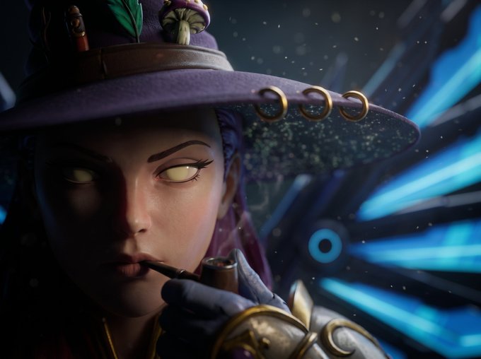 A stylized 3D rendered character with glowing yellow eyes, purple hair, and a wide-brimmed witch hat smokes a pipe against a blue-lit background, resembling a video game character.