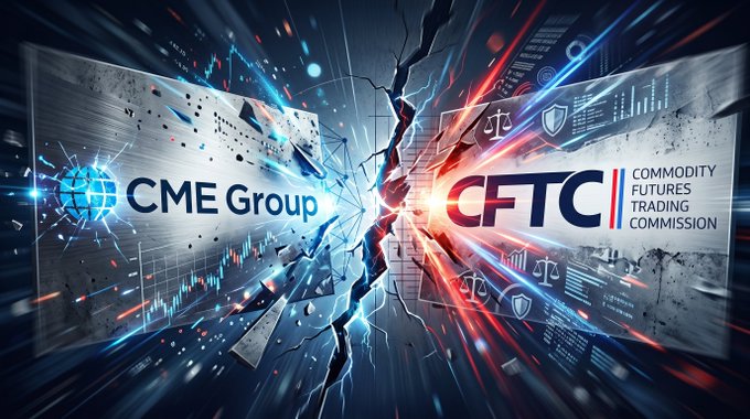 A dramatic split graphic showing the CME Group and CFTC (Commodity Futures Trading Commission) logos on either side of a fractured surface, with financial charts, scales-of-justice symbols, and market-data effects in the background.