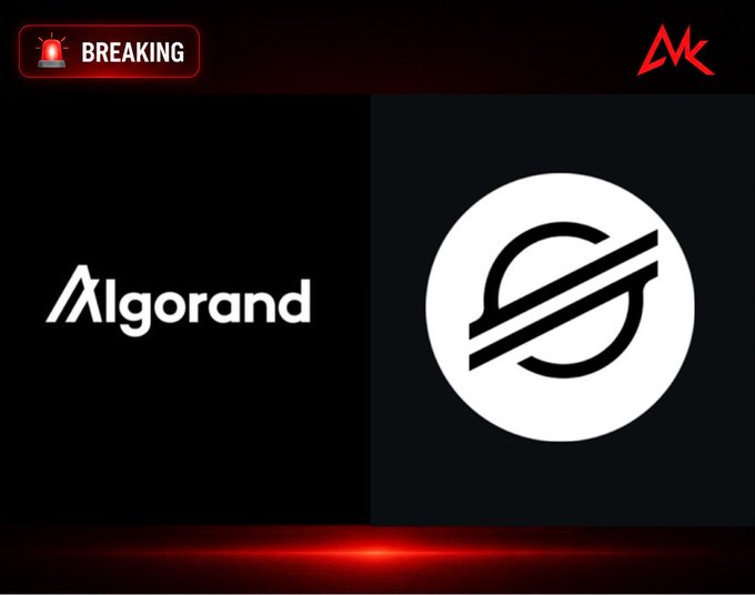 A 'BREAKING' news graphic shows the Algorand logo on the left next to a stylized circular symbol on the right, with a red MK logo in the corner.