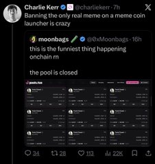 A tweet from Charlie Kerr (@charliekerr) banning a real meme on a meme coin launchpad, showing comments from moonbags and others.