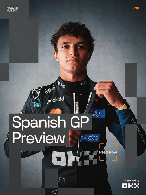 Formula 1 driver Lando Norris in his McLaren race suit poses against a smoky backdrop, promoting the Spanish GP Preview for Round 14 on September 11-13, sponsored by OKX.