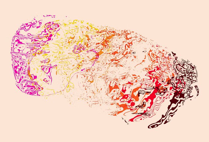 An abstract digital artwork featuring swirling, fluid patterns in pink, yellow, orange, red, and dark brown/black colors on a light peach background.