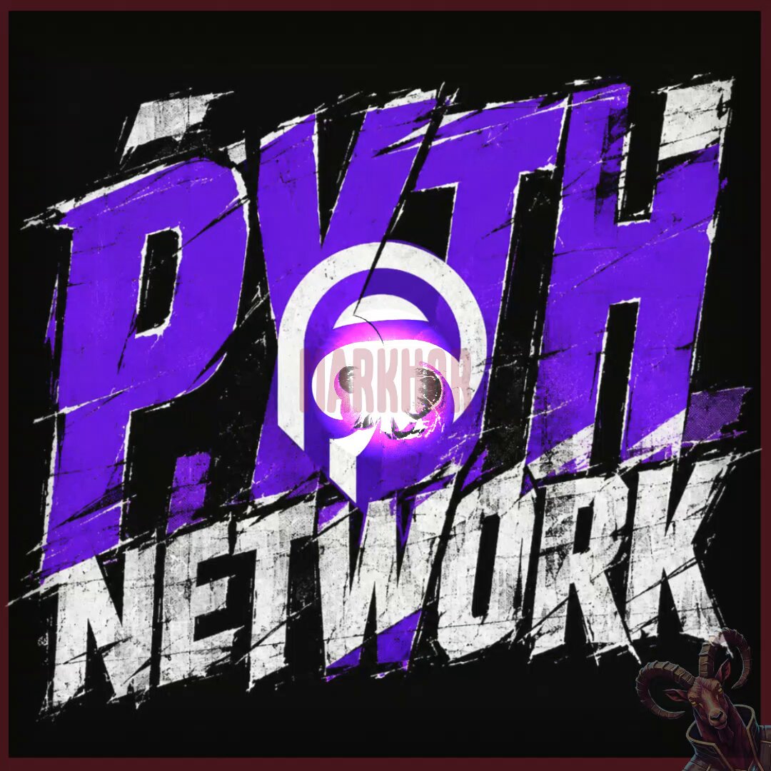 The image features a poster for an online trading platform called "Pyth Network". The poster has a dark background with purple and white text that describes the platform's focus on cryptocurrency markets, equities, forex, and commodities. It also mentions a sales call feature within the platform, where data from various exchanges is displayed on the screen to help users understand the markets better.