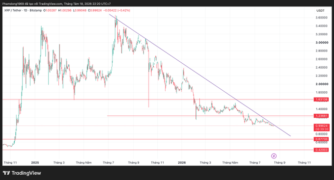 A TradingView daily candlestick chart of XRP/Tether on Bitstamp, showing a downtrend with a descending trendline, prices ranging roughly $0.63-$3.65, and current price near $1.00 (-0.42%).