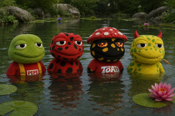 Four plush toad figures sit in a pond; the green one wears a 'PEPE' shirt, a red spotted one sits next to it, a black toad wears a 'TOAD' shirt and a red mushroom cap with glowing eyes, and a yellow spotted toad with horns is on the right.