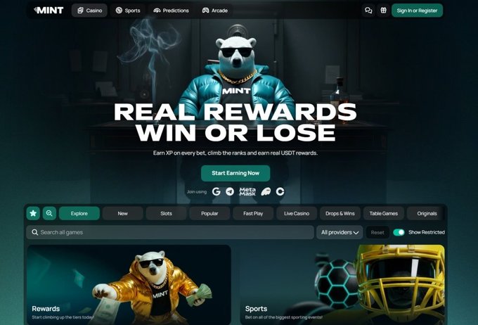 Screenshot of the MINT online casino/sports betting homepage featuring a polar bear mascot in a blue puffer jacket and sunglasses, with the slogan 'REAL REWARDS WIN OR LOSE' and a 'Start Earning Now' button.