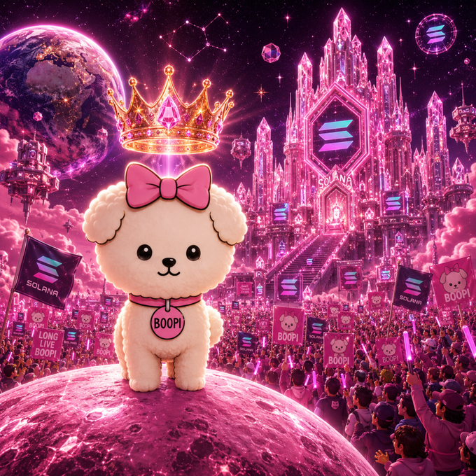 A digital artwork featuring a cute white poodle character with a pink bow and a 'BOOPI' tag standing on a moon-like surface, wearing a floating crown, set against a pink cosmic background with a Solana crystal castle, 'SOLANA' branding, and a crowd holding 'BOOPI' and 'LONG LIVE BOOPI' signs.