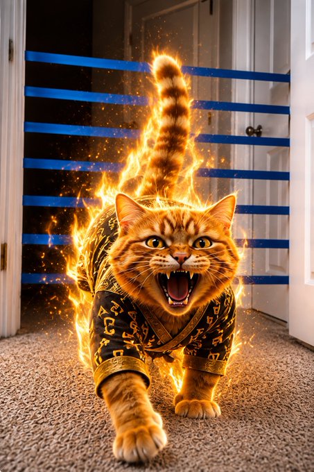 An orange tabby cat surrounded by fiery flames stands with an open-mouthed hiss on a carpeted floor, with blue painter's tape stretched across a doorway in the background. The image humorously pairs with the post "Paolo turned $FINNY into a Super Saiyan. @paoloardoino," depicting the fierce, flame-wreathed feline as a comedic embodiment of the cryptocurrency's newly charged, energized state.