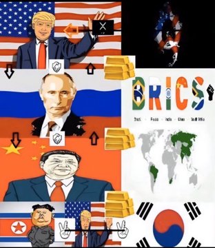 The image depicts a geopolitical landscape with caricatures of world leaders, including Donald Trump, Vladimir Putin, and Xi Jinping, and the BRICS nations logo. The "Finally" post suggests this is a long-awaited development in international relations, possibly alluding to shifts in global power or economic alliances.