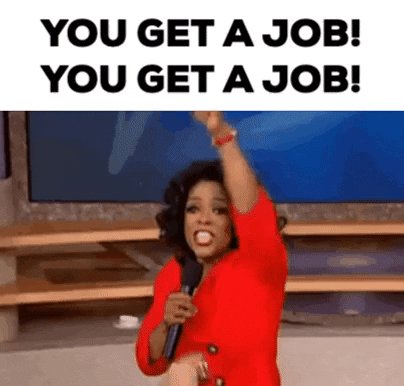 iced coffee on a wooden table, with a woman in red and black text reading "you get a job!"