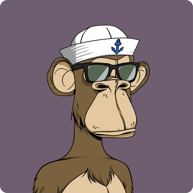 A cartoon Bored Ape character wearing a white sailor hat with a blue anchor and dark sunglasses. This is Bored Ape Yacht Club #6789, purchased for 10.5 ETH, as shown in the NFT transaction details.