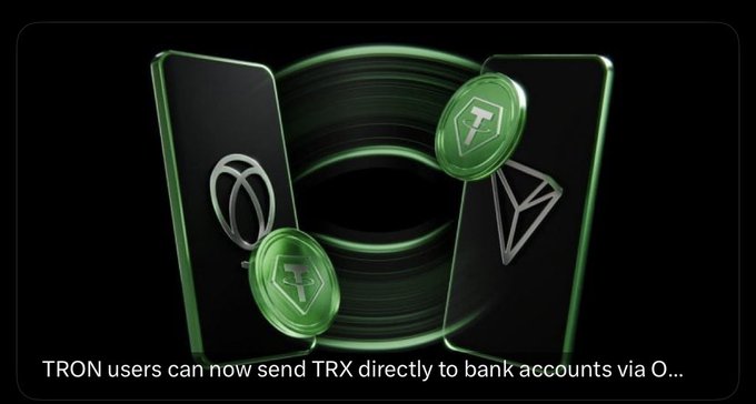 The image features a stylized 3D render of two smartphones displaying cryptocurrency wallets, with green TRX (TRON) coins floating in front of them, set against a dark background with a glowing green circular element. The caption reads "TRON users can now send TRX directly to bank accounts via O..." which highlights the post's message about TRON enabling seamless crypto-to-bank transfers through the Oobit platform, visually bridging mobile wallet technology with traditional finance.