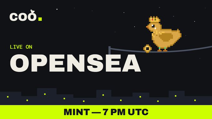 A promotional graphic with a pixelated chicken perched on a wire announces the COO NFT collection's OpenSea launch, featuring "LIVE ON OPENSEA" text and a bright green banner reading "MINT — 7 PM UTC," directly mirroring the post's call-out for tonight's mint at that time.