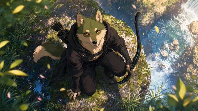 An anthropomorphic wolf archer clad in a dark cloak crouches on a mossy cliffside, bow in hand, with arrows slung across his back as he gazes upward. The image captures the rugged, feral essence of "Woof World Order," portraying a lone hunter amid a wild, untamed landscape.