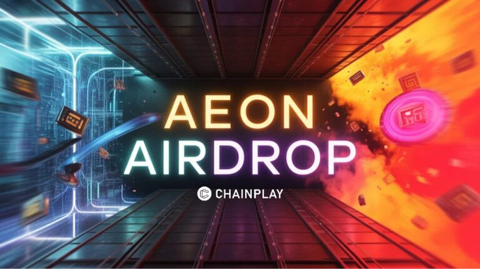 The image is a promotional graphic featuring the text "AEON AIRDROP" prominently in the center, with a "CHAINPLAY" logo beneath it, set against a futuristic neon-lit background with floating coin-like icons and glowing blue and orange accents. The visual ties directly to the post by highlighting the AEON airdrop opportunity and branding it with the Chainplay source, drawing attention to the Binance Alpha 250 AEON token claim.