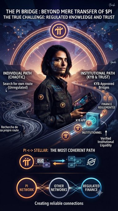This infographic illustrates the "Pi Bridge" concept, contrasting the chaotic "Individual Path" with the regulated "Institutional Path" facilitated by KYB-Approved Bridges, ultimately aiming to connect the Pi Network to regulated finance for verified institutional liquidity. The image highlights Pi <> Stellar as the most coherent path for creating reliable connections.