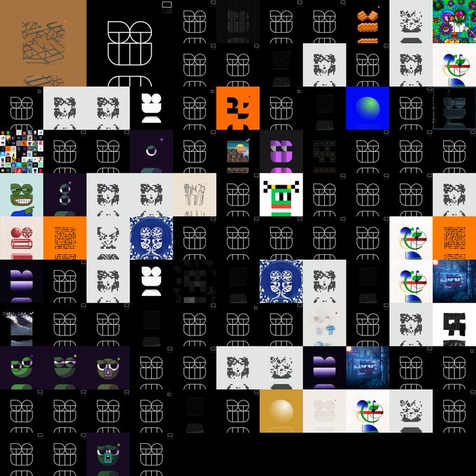 A dark collage or grid composition with various small images, including pixel art characters, abstract designs, blue devil-like faces, and geometric patterns arranged in a repetitive grid format.