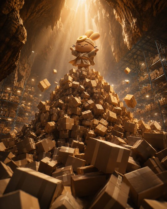 A cheerful bunny-eared figure in a martial arts uniform stands triumphantly atop a massive mountain of cardboard boxes inside a dimly lit warehouse cave, bathed in golden beams of light streaming from above. The image evokes the "Ali Baba and the Forty Thieves" tale referenced in the post, with the lovable mascot representing PancakeSwap discovering a hidden treasure of stocks/boxes while the "forty thieves" (other traders) were left out of the secret password.