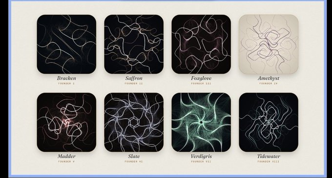 A grid displaying eight abstract art pieces titled Bracken I, Saffron II, Foxglove III, Amethyst IV, Madder V, Slate VI, Verdigris VII, and Tidewater VIII, likely representing the artistic collections from the @0xinheritance project being given away in the post.