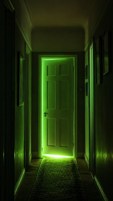 A dark, eerie hallway is illuminated only by a bright, unnatural green light emanating from underneath a closed white door at the end of the passage.