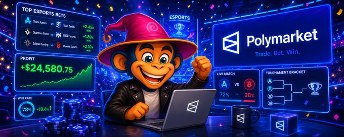 A promotional banner for Polymarket features a cartoon monkey in a wizard hat using a laptop, surrounded by esports betting stats, profit numbers ($24,580.75), and live match odds.