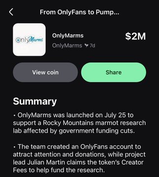 The image shows a mobile app screen displaying information about the "$OnlyMarms" token on PumpFun, highlighting its $2M market cap and its mission to fund Rocky Mountains marmot research through OnlyFans-style content, which aligns with the post about $OnlyMarms trending on the Pumpfun app.