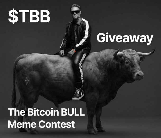 A man in sunglasses and a black tracksuit sits atop a large bull in a black-and-white photo, with overlaid text reading "$TBB," "Giveaway," and "The Bitcoin BULL Meme Contest." The image promotes a meme contest for the $TBB token, tying the visual of riding a bull to the cryptocurrency's bullish branding.
