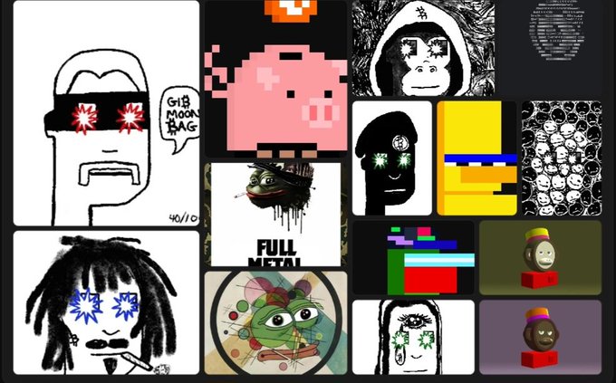 A collage features various crude, meme-style drawings and digital art pieces, including faces with starburst eyes, a pixelated pink pig, and a 'FULL METAL' frog character.