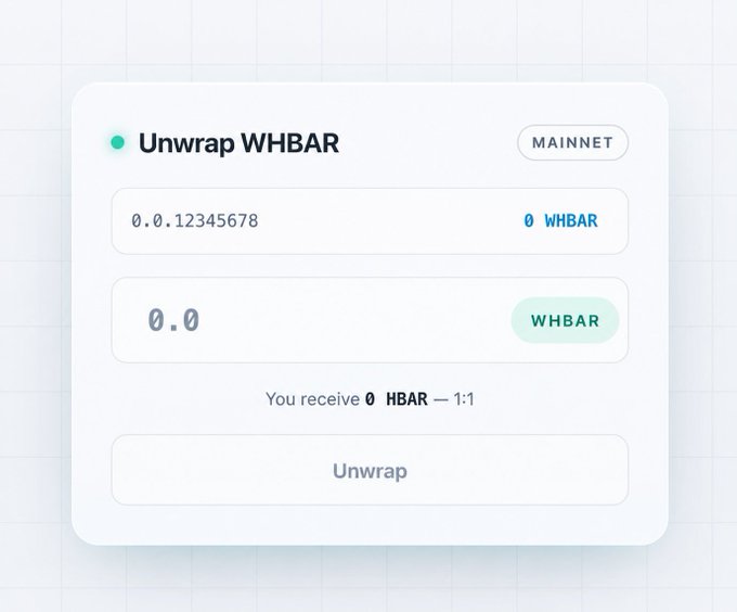 A cryptocurrency interface card titled 'Unwrap WHBAR' on MAINNET, showing balances of 0.0.12345678 WHBAR and an input field of 0.0 with an 'Unwrap' button.