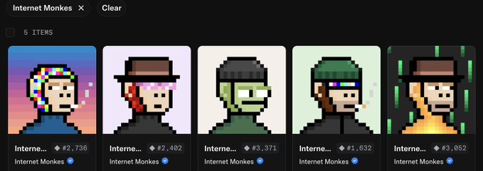Screenshot of an NFT collection called 'Internet Monkes' showing 5 pixel art monkey avatars with various hats and backgrounds, each with different price points in ETH.