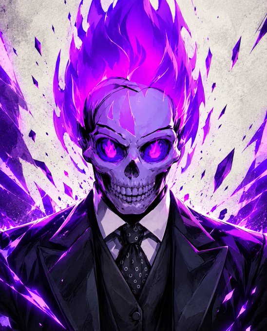 An anime-style digital illustration of a skull-faced figure in a black suit and tie with glowing purple eyes, surrounded by vibrant purple flames and shattered crystal fragments.
