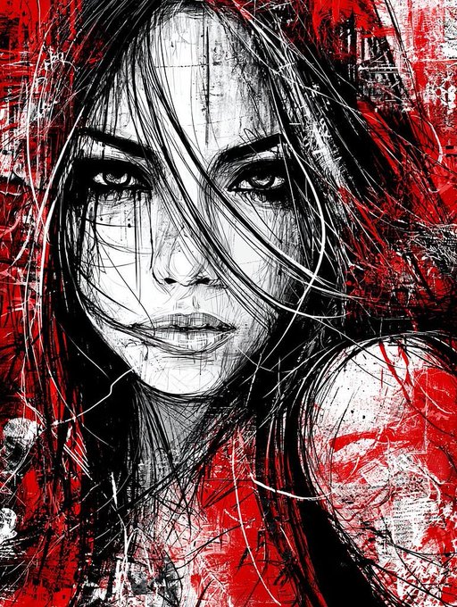 A dark, stylized black-and-white sketch of a woman's face with intense eyes, set against a chaotic red and black textured background.