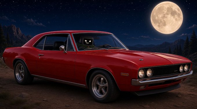 A red 1969 Mustang GT parked under a large full moon, being driven by an animated character with glowing eyes. The image promotes a weekly giveaway where the prize is this classic muscle car, with entry via abandoning an upcoming stock purchase or buying a $7 ticket.