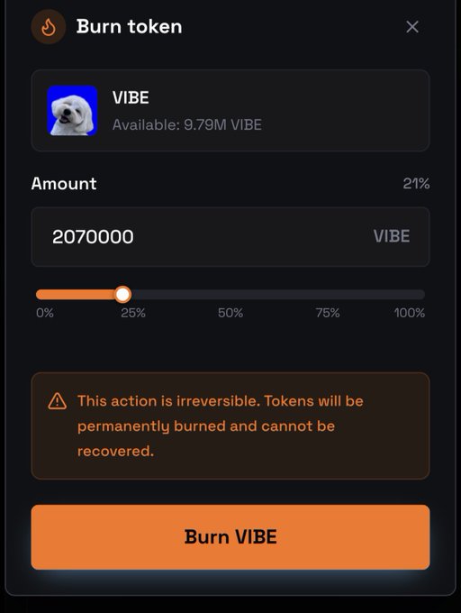 A "Burn token" interface displays the burning of 2,070,000 VIBE tokens, representing 21% of the available 9.79M supply, with a warning that the action is irreversible. The orange "Burn VIBE" button at the bottom corresponds to the $VIBE Buyback & Burn transaction executed on o1.exchange.