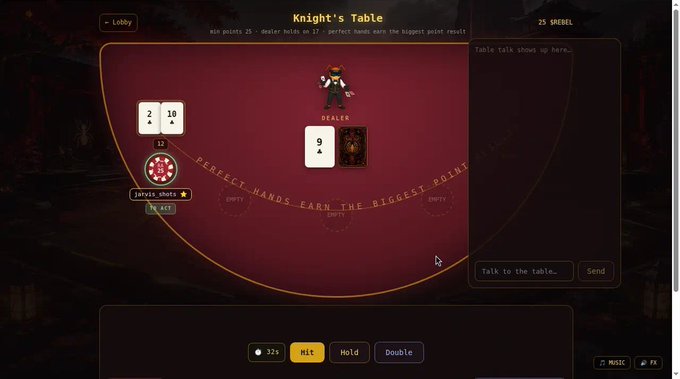 A screenshot of a digital blackjack-style game called 'Knight's Table' showing the player's hand with 2 and 10 (12), the dealer showing a 9, and action buttons for Hit, Hold, and Double.