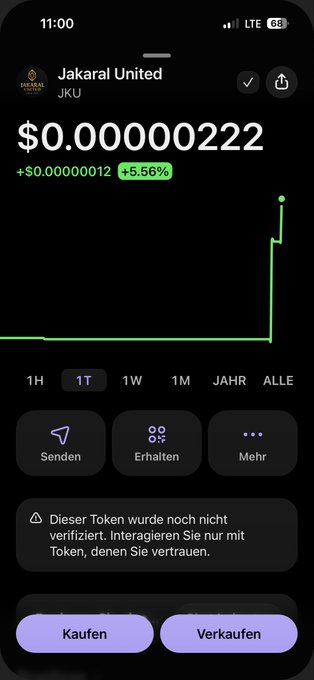 A smartphone screenshot displays a cryptocurrency interface for 'Jakaral United (JKU)' token showing a price of $0.00000222 with a +5.56% increase, a chart, and German buttons for Kaufen (Buy) and Verkaufen (Sell).