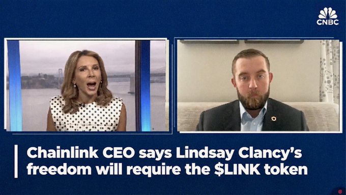 A CNBC interview screenshot showing two people on a split screen with the headline 'Chainlink CEO says Lindsay Clancy's freedom will require the $LINK token'.