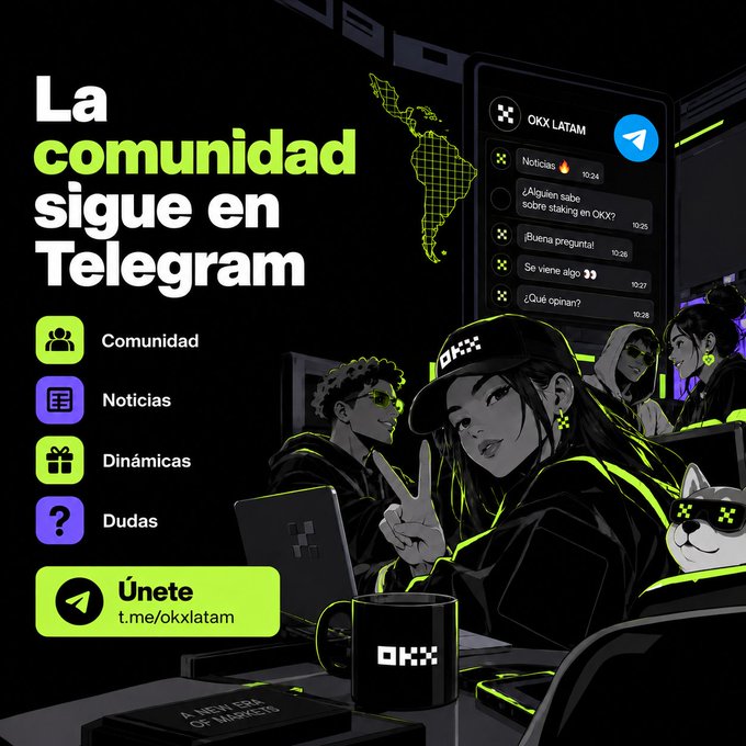A promotional graphic for an OKX LATAM Telegram community, featuring text in Spanish ('La comunidad sigue en Telegram') and illustrated characters with neon green accents.