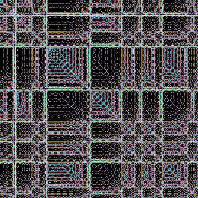 An abstract, psychedelic pattern of repeating grids with wavy, multicolored lines, circles, and geometric shapes on a black background.
