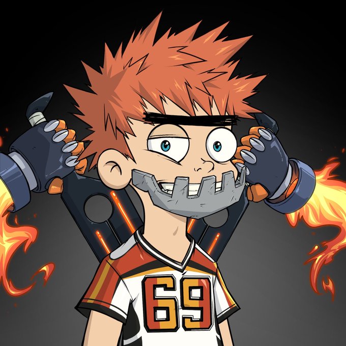 An anime-style illustration of a red-haired character with a metallic jaw piece, wearing jersey number 69, standing before a large robot with flaming arms.