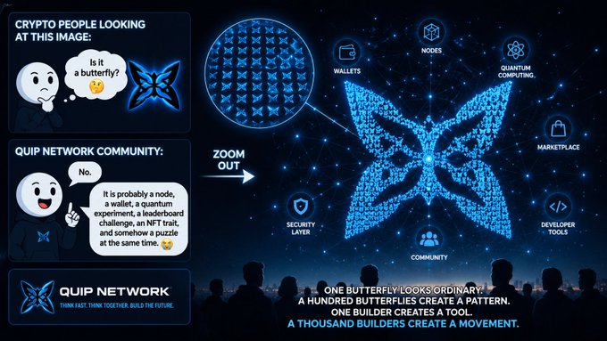 The image features a lively scene with numerous people gathered around various items. The central focus of the image appears to be a butterfly, accompanied by several smaller butterflies that are interconnected within its design, creating a pattern that resembles a butterfly. 

The text in the image is quite simple and straightforward, stating "Crypto people looking at this image: Is it a butterfly?" Quip Network community: "No" with a laugh indicating humor or irony towards the statement. The rest of the image goes on to describe some of the items related to the butterflies. For example, there are three small butterflies that appear to represent different aspects of cryptocurrency, which could be part of an experiment or a network. Additionally, there is a small butterfly that resembles a wallet and another small one symbolizing a quantum experiment, possibly used in the creation of NFTs (Non-Fungible Tokens) for their unique patterns. Overall, the image effectively communicates various elements related to cryptocurrency and its visual representation using butterflies as symbols.