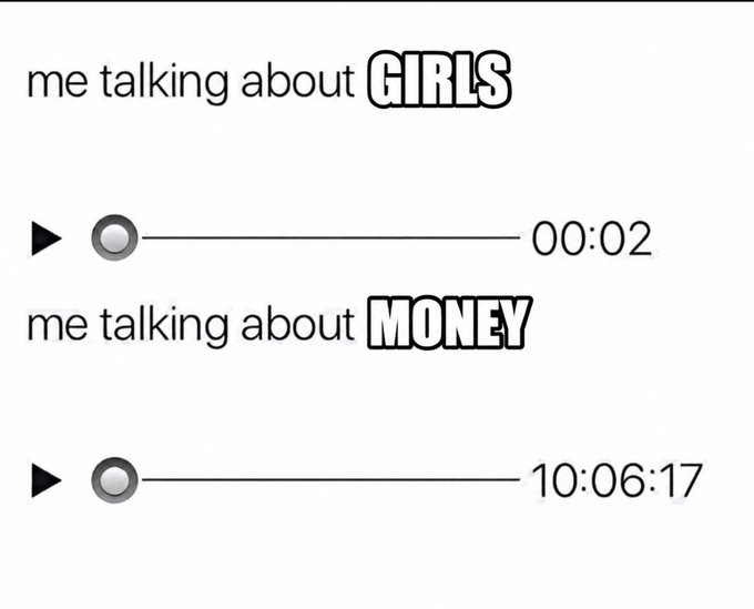A humorous meme showing two audio player progress bars: 'me talking about GIRLS' at 00:02 and 'me talking about MONEY' at 10:06:17.