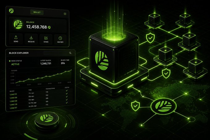 A green-themed digital illustration showing a blockchain interface with a wallet balance of '12,458,768', a block explorer showing an active status with 1,248,731 latest block, and interconnected nodes.