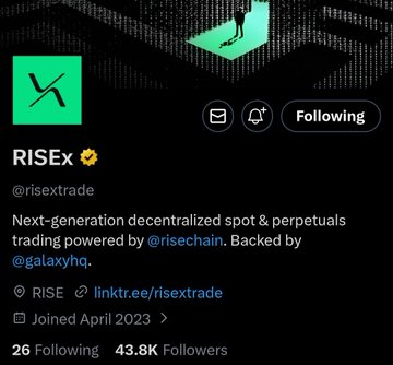 The image shows a Twitter/X profile for **RISEx (@risextrade)**, a next-generation decentralized spot & perpetuals trading platform powered by @risechain, with 43.8K followers, 26 following, and a link to risex.trade. The profile appears unrelated to the post's content about farming airdrops from tokenless Perp DEXs like Variational.