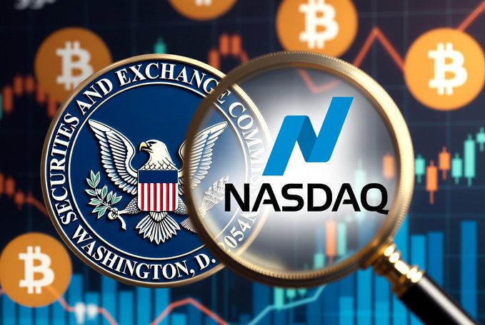 A graphic showing the SEC (Securities and Exchange Commission) seal and NASDAQ logo under a magnifying glass, set against a background of Bitcoin logos and a candlestick chart.