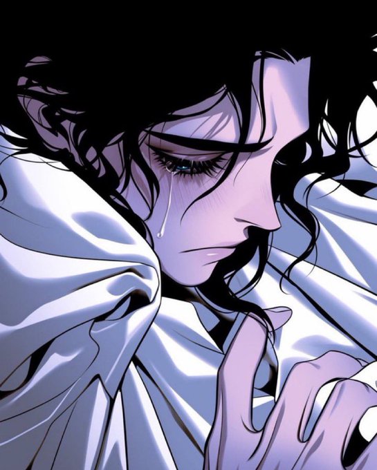 A dark, emotional anime-style illustration of a character with long dark hair and a tear falling from one eye, draped in white fabric.