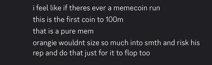 A screenshot of a message predicting that $TRIPLET will be the first pure memecoin to hit 100M, citing @orangie's reputation and substantial investment as reasons for confidence, directly supporting the post about a retail investor going all-in on the token based on orangie's backing.